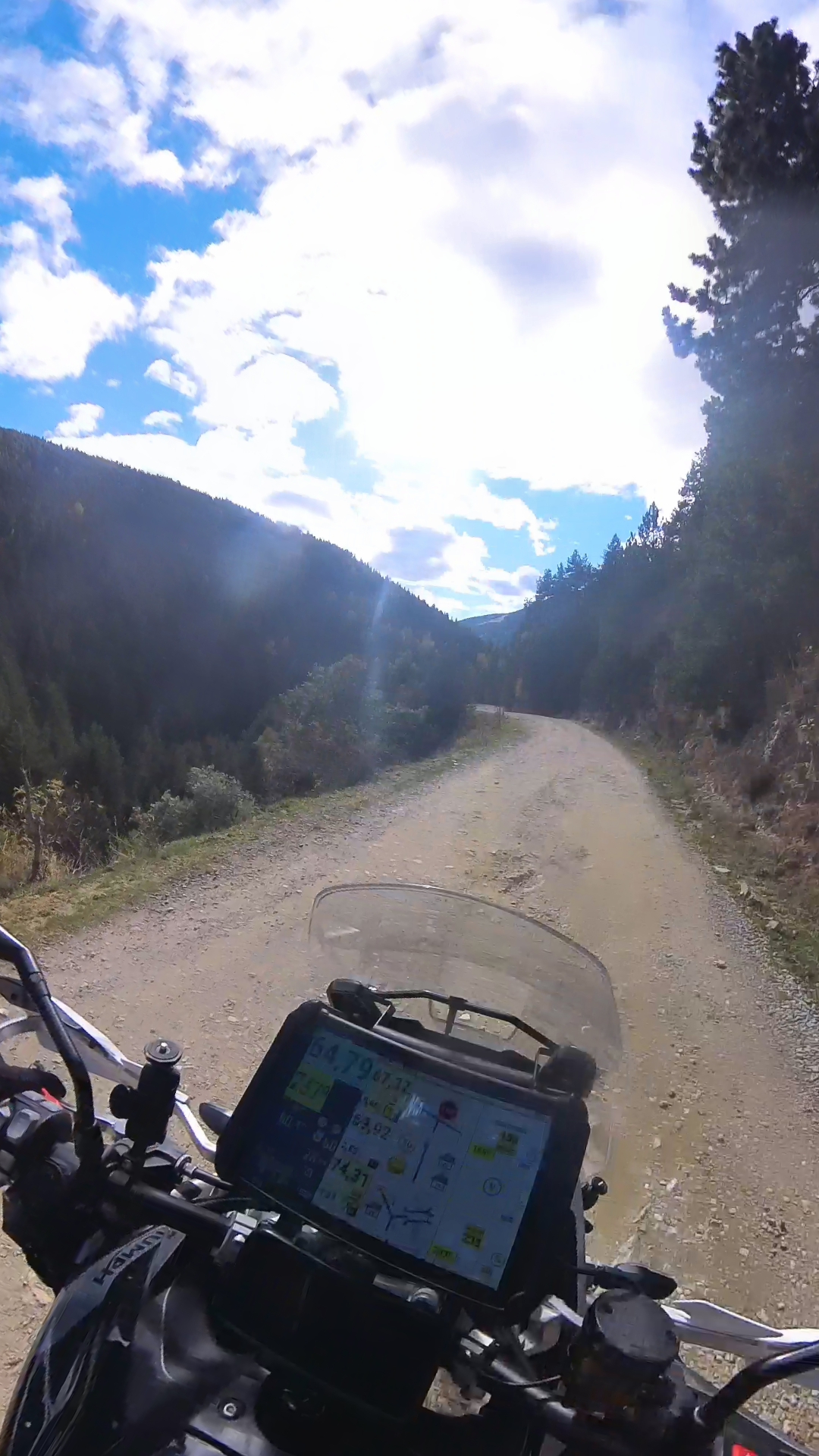 Tablet en el manillar mostrando las notas de un roadbook en una pista forestal