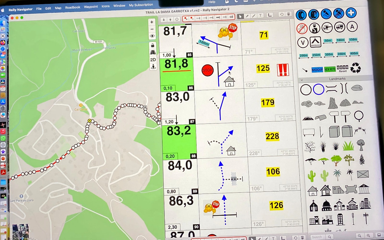 Pantalla de ordenador con Rally Navigator mostrando el mapa y las notas del roadbook de la ruta Trail la Dama